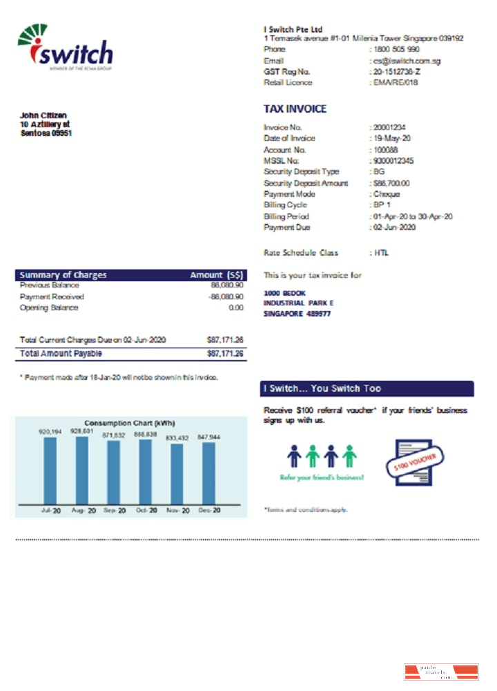 Singapore I Switch electricity utility bill template in Word and PDF format